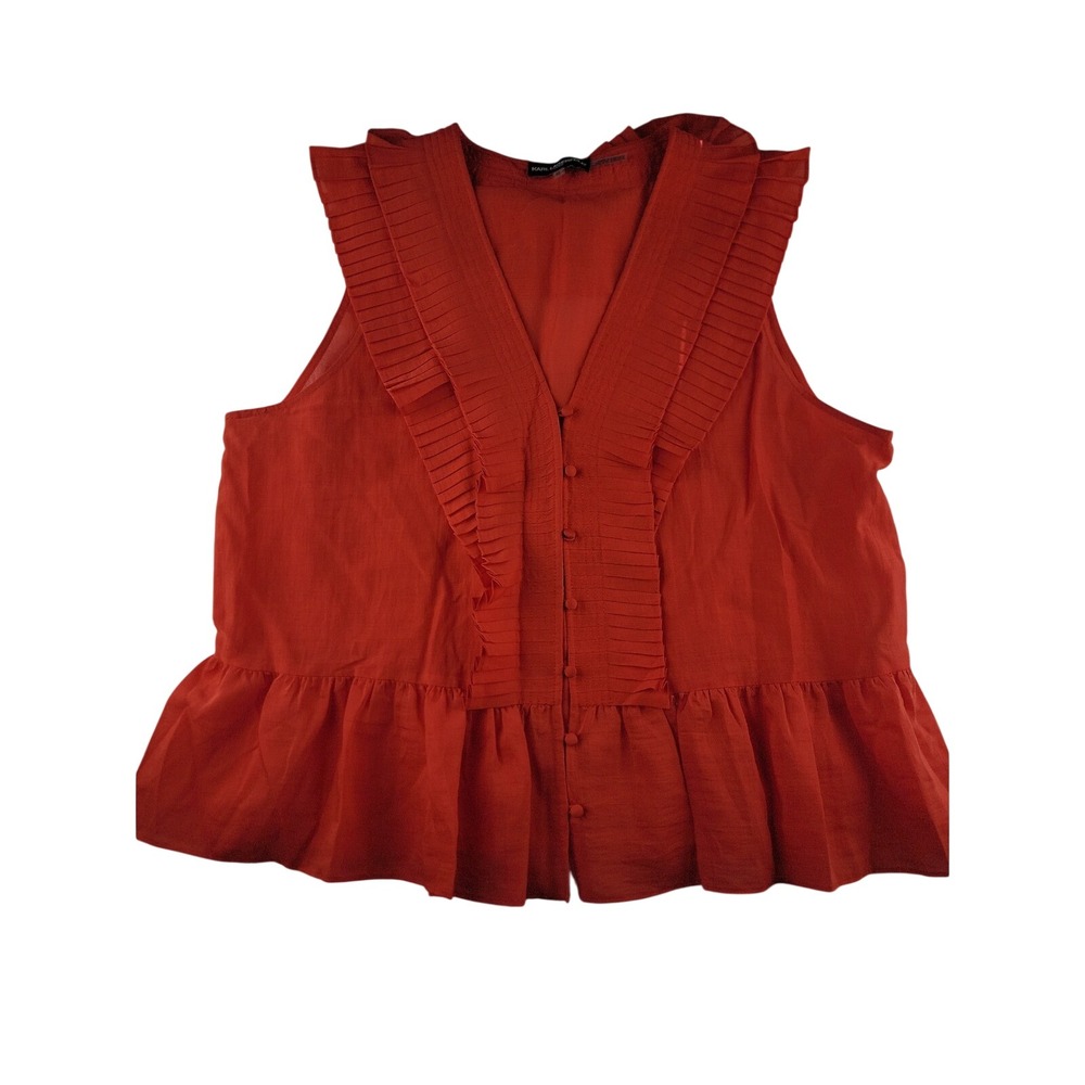 Karl Lagerfeld Paris Red Pleated Ruffle Peplum Button Front Sleeveless Top Shirt